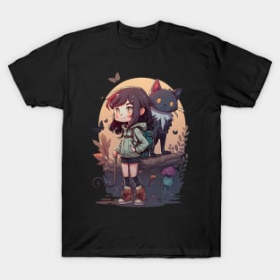 Angry Girl & Cat Kawaii Anime Black Cat Lover Halloween T-Shirt